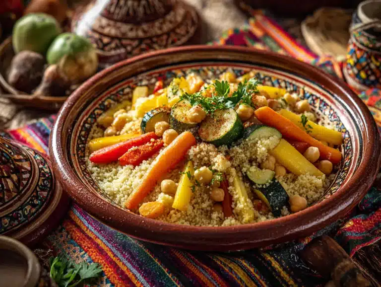 Colorful Moroccan couscous with vegetables and chickpeas in a traditional plate