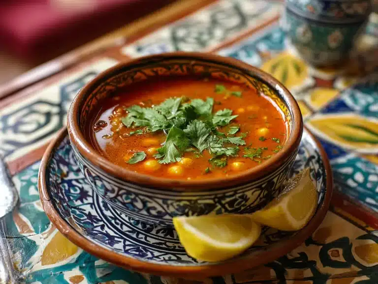 Harira Moroccan soup in a traditional bowl with chickpeas, lentils, and herbs