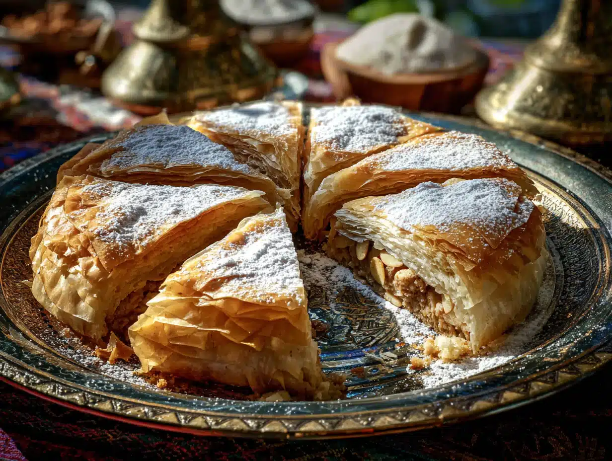 Moroccan pastilla dusted with powdered sugar and cinnamon on a decorated plate