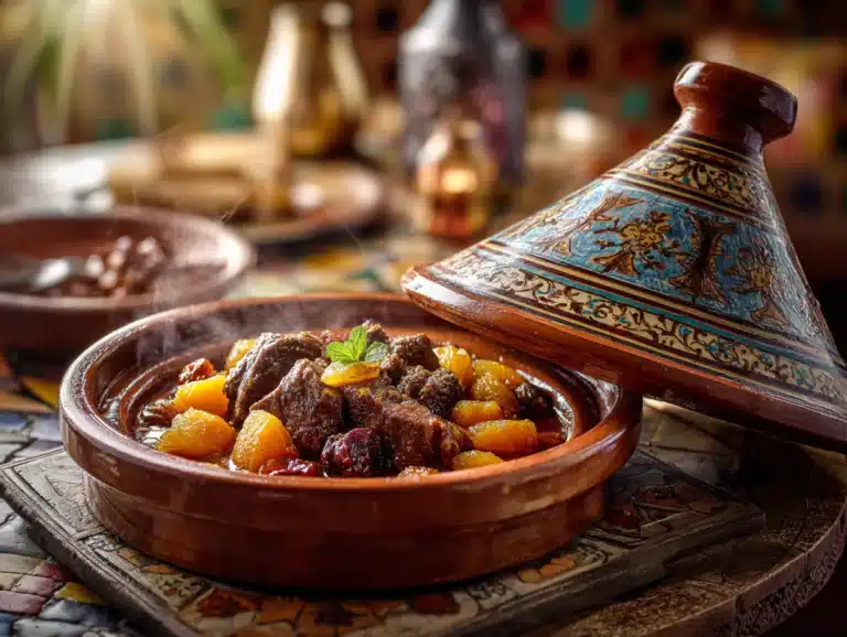 Moroccan lamb tagine with apricots and prunes in a traditional clay dish on a rustic table