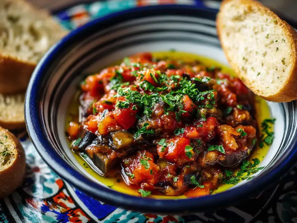 Zaalouk Moroccan eggplant and tomato salad in a ceramic bowl with parsley