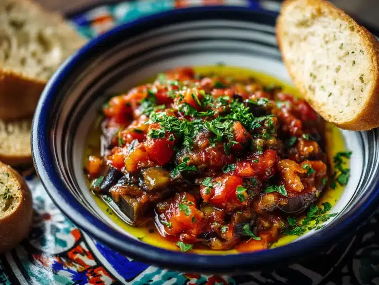 Zaalouk Moroccan eggplant and tomato salad in a ceramic bowl with parsley