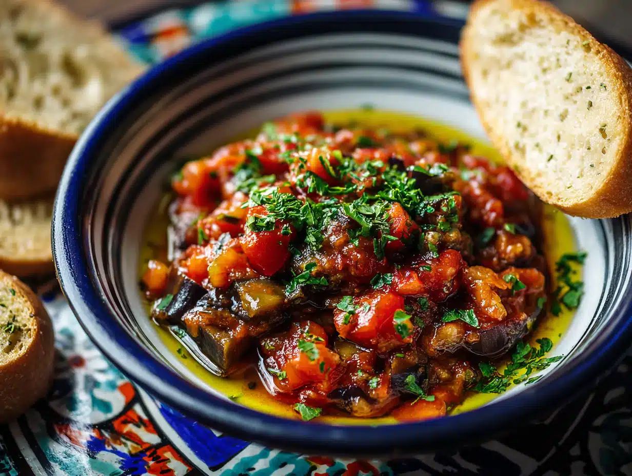 Zaalouk Moroccan eggplant and tomato salad in a ceramic bowl with parsley