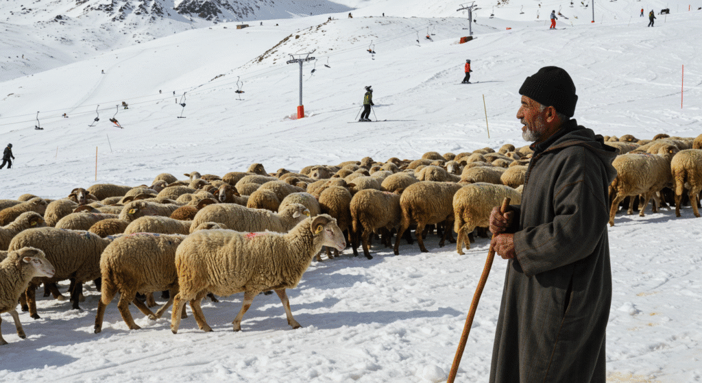 Traditional Berber shepherd observing ski activity at Oukaimeden