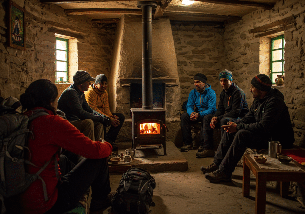 Toubkal: Morocco's Ultimate Mountain Adventure Awaits 5 Cozy interior of Toubkal Refuge with trekkers sharing stories around a wood stove