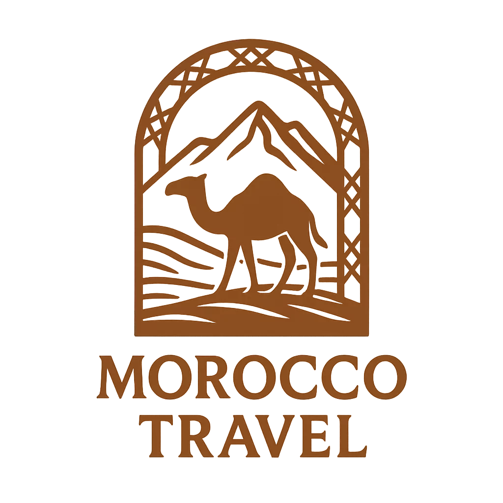 Traditional Morocco Travel logo with Kasbah and sand dunes in gold tones