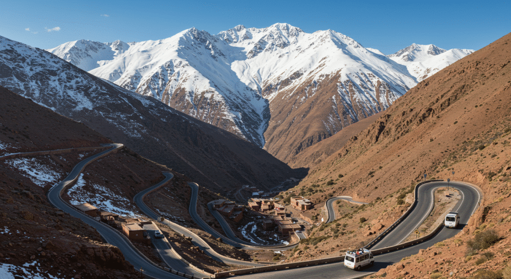 Mountain road to Oukaimeden through Atlas Mountains
