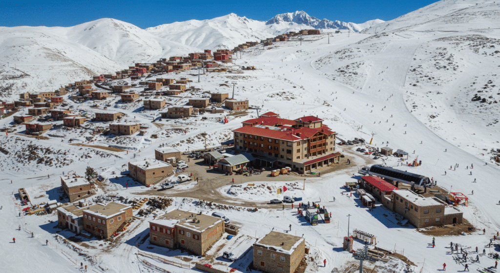Oukaimeden ski resort overview showing lifts, slopes and traditional architecture