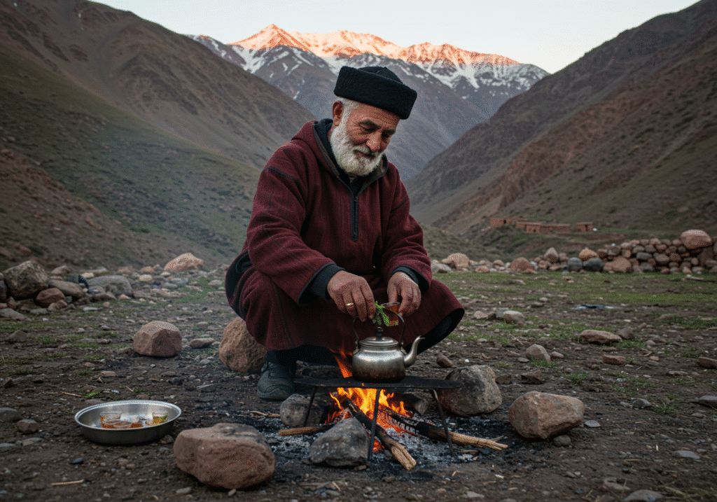 Toubkal: Morocco's Ultimate Mountain Adventure Awaits 3 Traditional Berber guide preparing mint tea at a mountain campsite