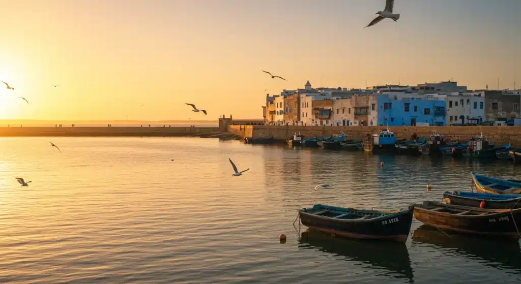 Fishing boats docked in Essaouira port with blue and white buildings in the background