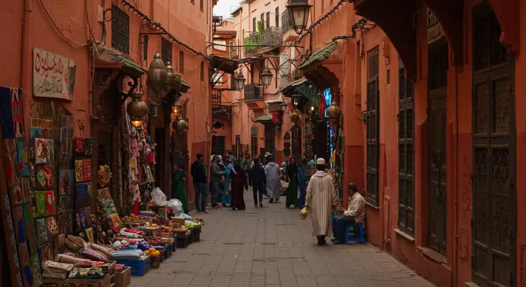 Grand Tour from Marrakech medina with traditional Moroccan lanterns and colorful shops