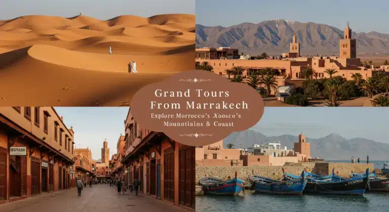 Collage of Moroccan desert, Atlas mountains, coastal town, and medina street with text overlay