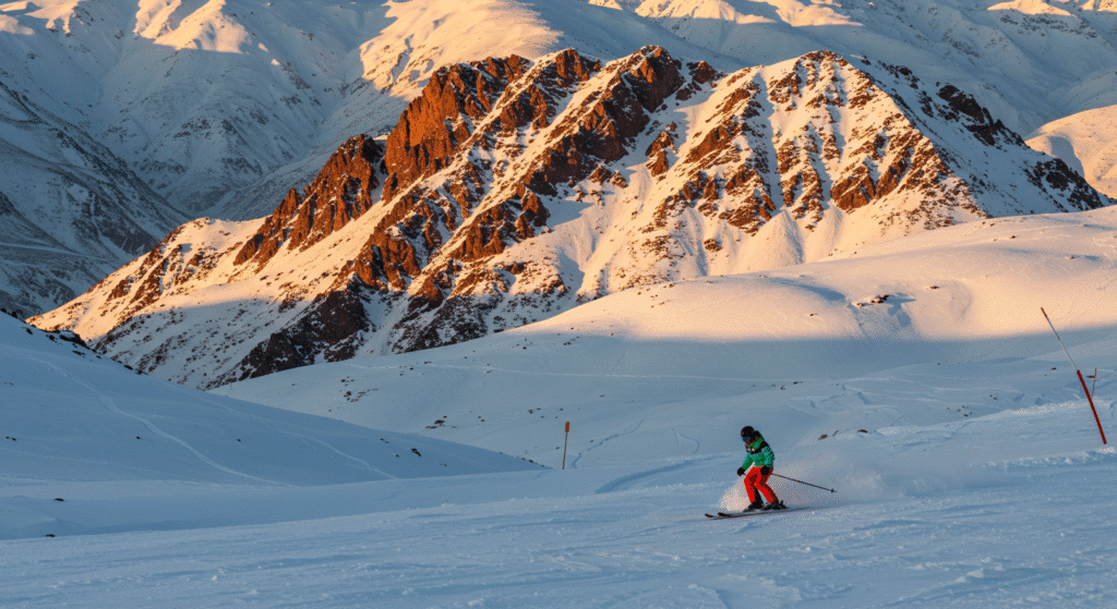 kier descending slopes at Oukaimeden with Atlas Mountains backdrop