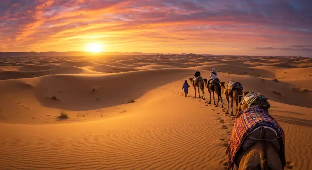 Camel caravan crossing the golden dunes of the Sahara Desert near Merzouga at sunset
