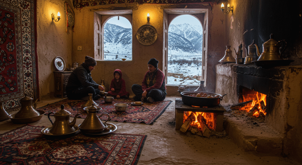 Traditional Berber family preparing tagine in mountain village near Oukaimeden