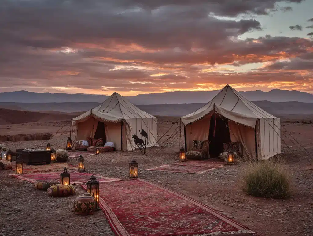 Marrakech Bucket List: 15 Epic Experiences to Love in 2025 4 Marrakech bucket list Luxury tented camp in Agafay Desert near Marrakech at dusk