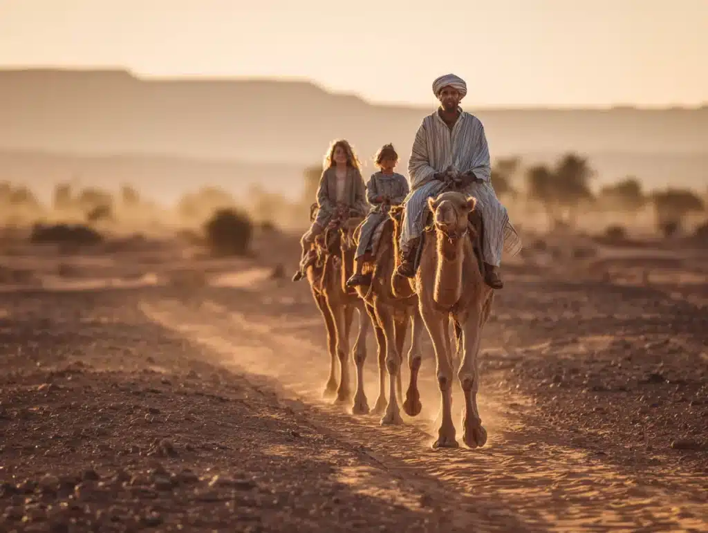Is Morocco Safe for Families and Solo Travelers? 4 is morocco safe for Family with children riding camels in the Moroccan desert at sunset in 2025