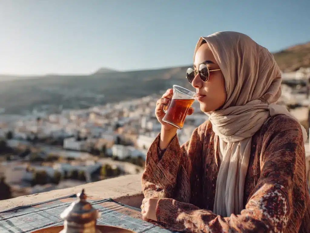 Is Morocco Safe for Families and Solo Travelers? 3 Solo woman traveler enjoying mint tea at a rooftop café in Fes, Morocco, 2025