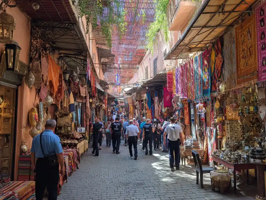 Is Morocco Safe for Families and Solo Travelers? 2 Tourists walking through a busy Marrakech souk with visible police presence in 2025